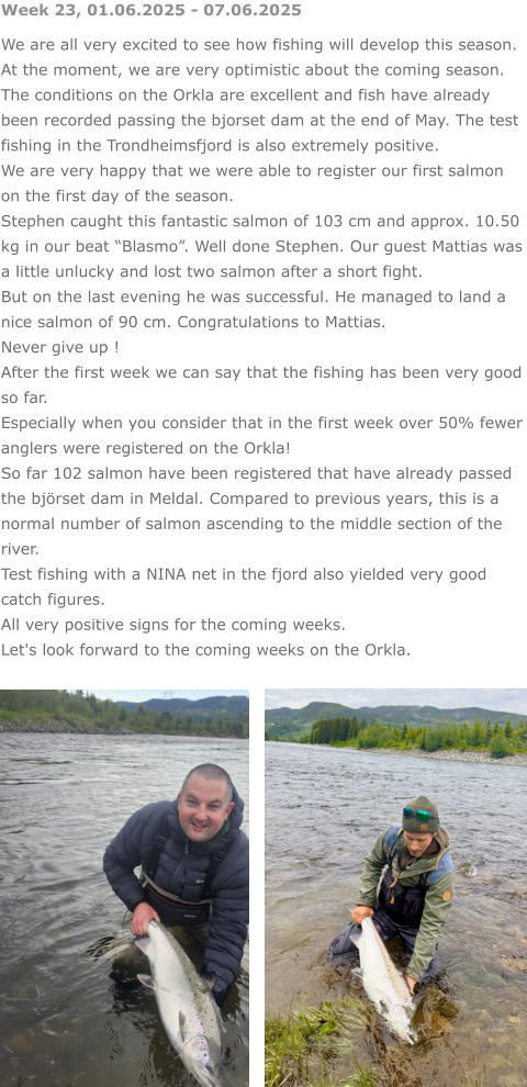Week 23, 01.06.2025 - 07.06.2025 We are all very excited to see how fishing will develop this season. At the moment, we are very optimistic about the coming season. The conditions on the Orkla are excellent and fish have already been recorded passing the bjorset dam at the end of May. The test fishing in the Trondheimsfjord is also extremely positive. We are very happy that we were able to register our first salmon on the first day of the season.  Stephen caught this fantastic salmon of 103 cm and approx. 10.50 kg in our beat “Blasmo”. Well done Stephen. Our guest Mattias was a little unlucky and lost two salmon after a short fight. But on the last evening he was successful. He managed to land a nice salmon of 90 cm. Congratulations to Mattias.  Never give up ! After the first week we can say that the fishing has been very good so far. Especially when you consider that in the first week over 50% fewer anglers were registered on the Orkla! So far 102 salmon have been registered that have already passed the björset dam in Meldal. Compared to previous years, this is a normal number of salmon ascending to the middle section of the river. Test fishing with a NINA net in the fjord also yielded very good catch figures.  All very positive signs for the coming weeks.  Let's look forward to the coming weeks on the Orkla.