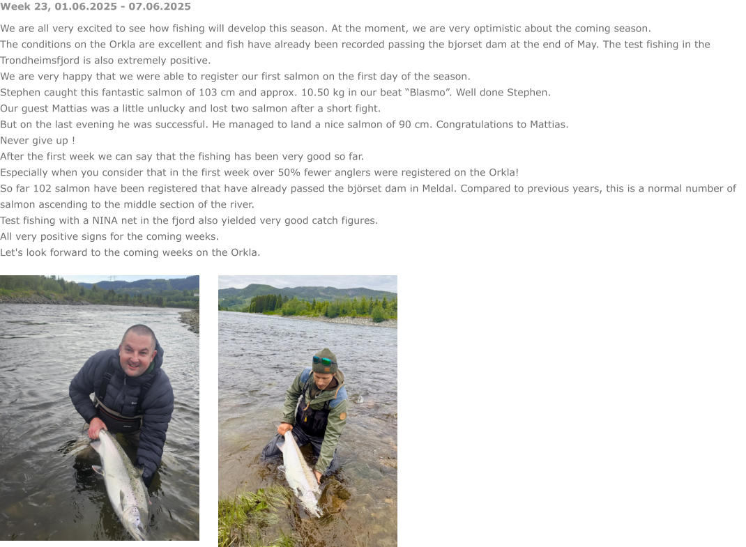 Week 23, 01.06.2025 - 07.06.2025 We are all very excited to see how fishing will develop this season. At the moment, we are very optimistic about the coming season. The conditions on the Orkla are excellent and fish have already been recorded passing the bjorset dam at the end of May. The test fishing in the Trondheimsfjord is also extremely positive. We are very happy that we were able to register our first salmon on the first day of the season.  Stephen caught this fantastic salmon of 103 cm and approx. 10.50 kg in our beat “Blasmo”. Well done Stephen. Our guest Mattias was a little unlucky and lost two salmon after a short fight. But on the last evening he was successful. He managed to land a nice salmon of 90 cm. Congratulations to Mattias.  Never give up ! After the first week we can say that the fishing has been very good so far. Especially when you consider that in the first week over 50% fewer anglers were registered on the Orkla! So far 102 salmon have been registered that have already passed the björset dam in Meldal. Compared to previous years, this is a normal number of salmon ascending to the middle section of the river. Test fishing with a NINA net in the fjord also yielded very good catch figures.  All very positive signs for the coming weeks.  Let's look forward to the coming weeks on the Orkla.